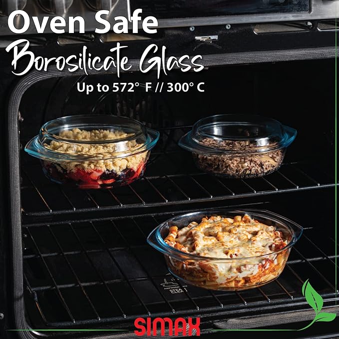 Simax Casserole Dish Set with Lid, Round Glass Cookware, Borosilicate Glass, Made In Europe 1 Qt