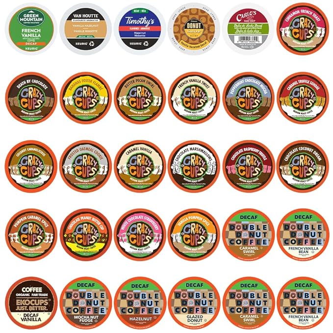 Flavored Decaf Coffee Pods Variety Pack Sampler, Assorted Single Serve Decaffeinated Coffee