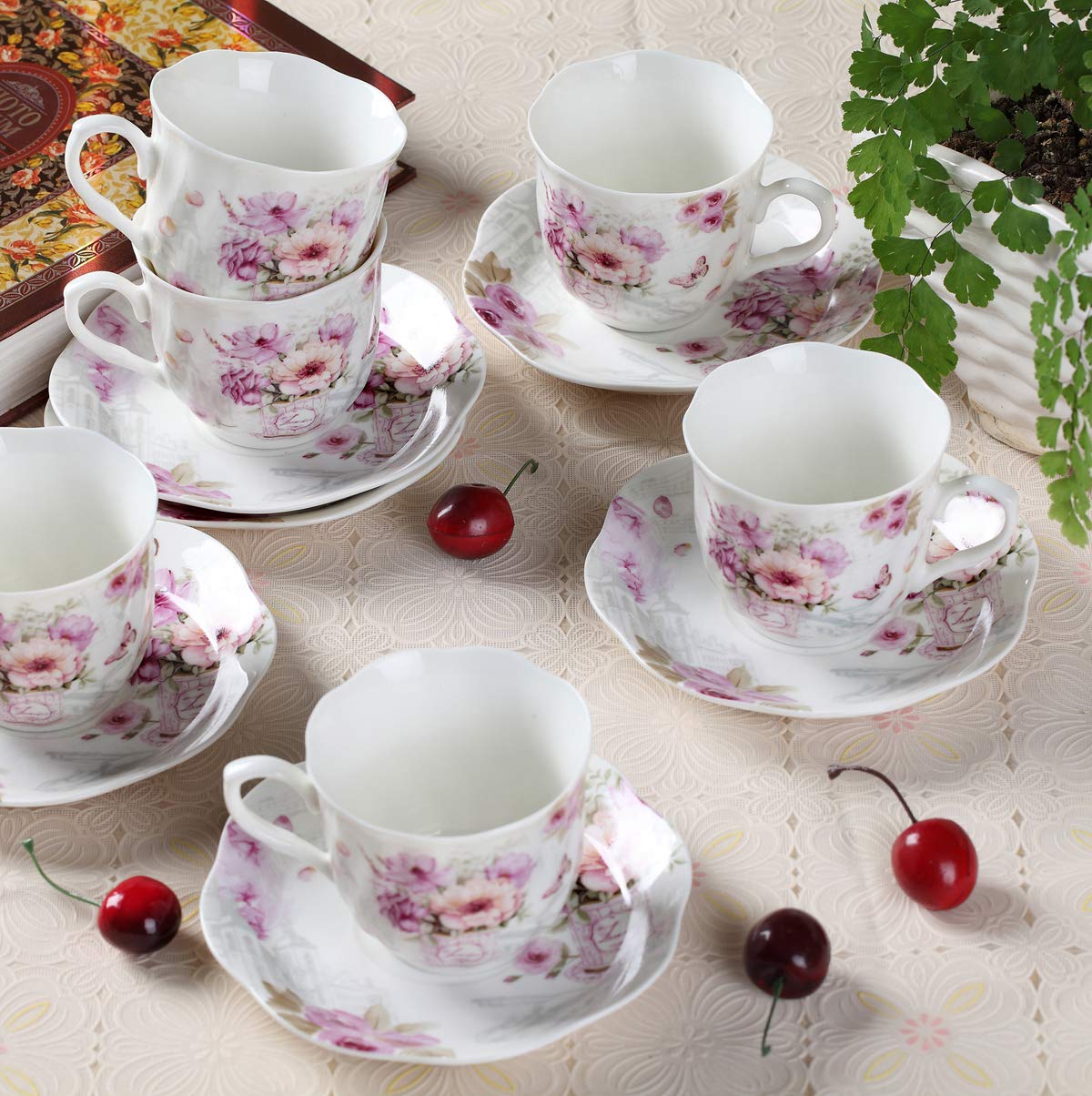 GuangYang 7 oz Porcelain Tea Cups and Saucers set of 6,Purple Fancy Floral Pattern (Perfect for