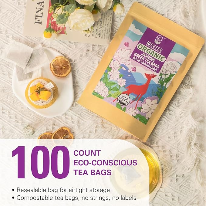 WT WEETEE Organic Jasmine Green Tea Bags, Organic Jasmine Scented Green Tea 100 Count, Refreshing &