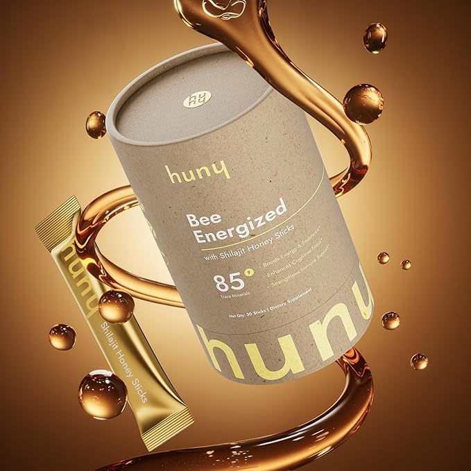 HUNY Bee Energized with Shilajit Honey Sticks | 85+ Trace Minerals for Clean Energy, Focus & Immune