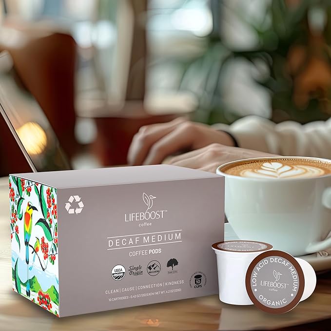 Lifeboost Organic Decaf Coffee K Cups - Low Acid Single Origin Non-GMO Mold Free Decaf Coffee Pods