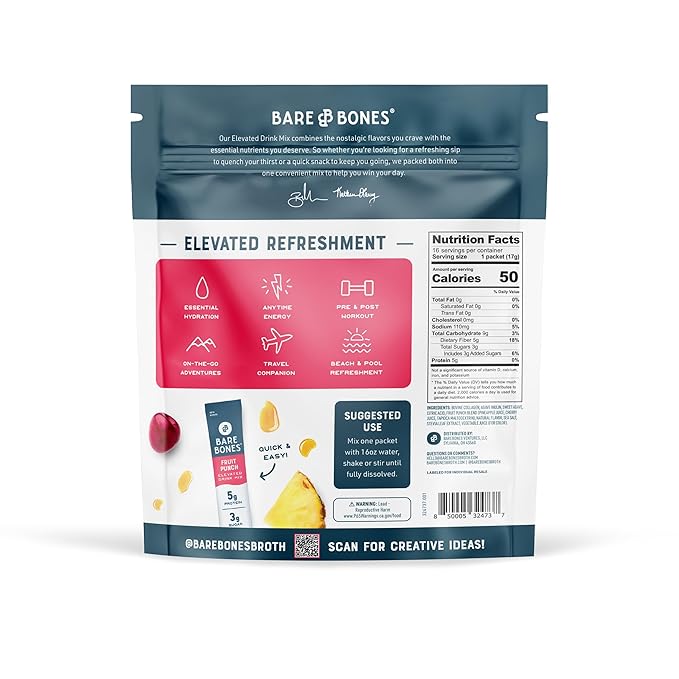 Bare Bones Fruit Punch Elevated Drink Mix | Collagen & Prebiotics | Gluten-Free & Naturally