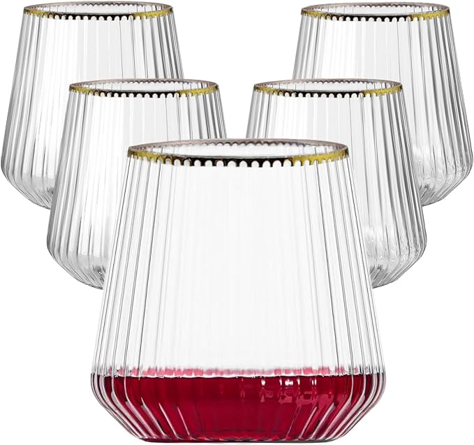 40 Pack Plastic Ribbed Wine Glasses, 14Oz Origami Disposable Wine Glasses Unbreakable Clear Plastic