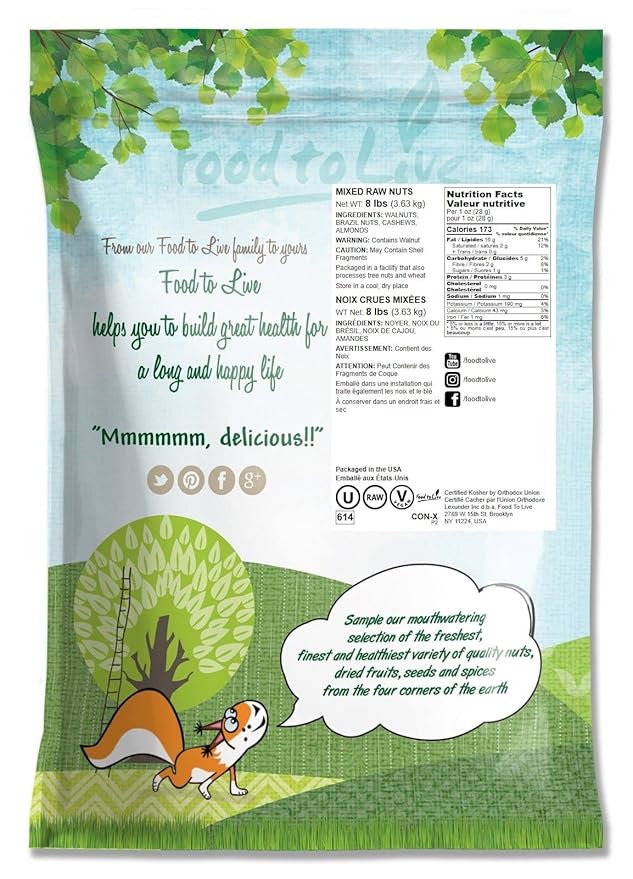 Food to Live Mixed Raw Nuts, 8 Pounds ??Cashews, Brazil Nuts, Walnuts, Almonds, Unsalted, Kosher