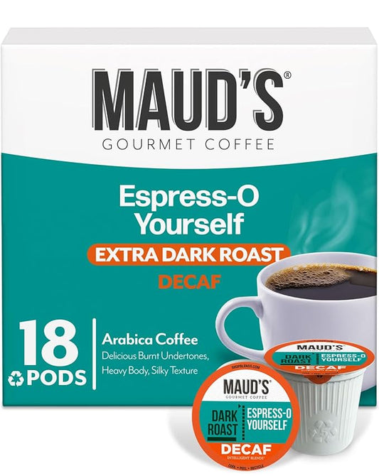 Maud's Decaf Espresso Roast Coffee Pods, 18 ct, Decaffeinated Dark Roast Recyclable Single Serve
