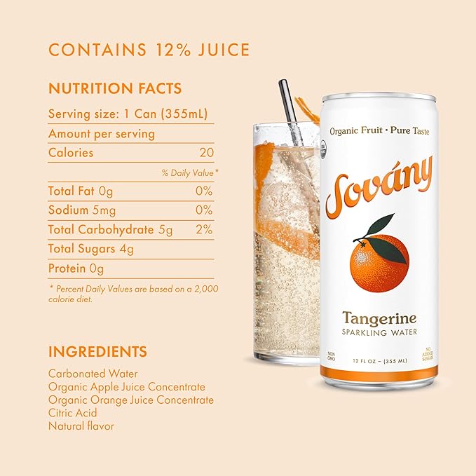 Sovány Sparkling Water, Tangerine, Seltzer Water Drinks, USDA Organic, Made With Real Fruit