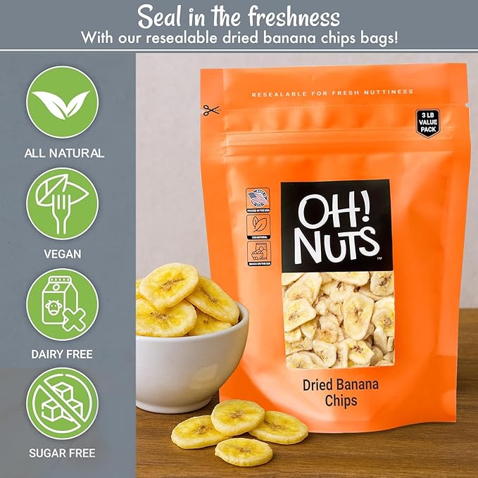 Oh! Nuts Dried Banana Chips - 3 lb - Dried Fruit Slices - Light Sugar Added - Dehydrated Fruit