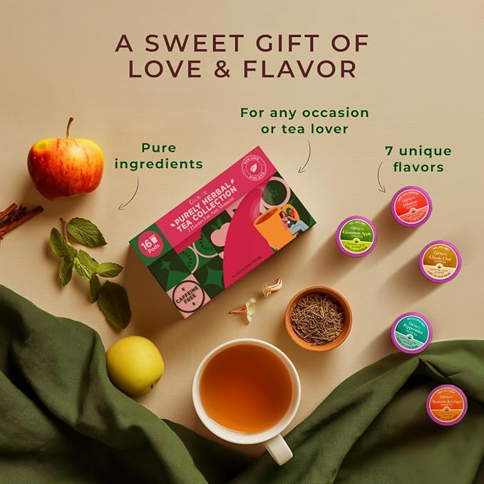 Gya Tea Co Caffeine Free Tea Gift Set Purely Herbal Collection Tea Pod (16 ct) - 7 Flavors Assorted