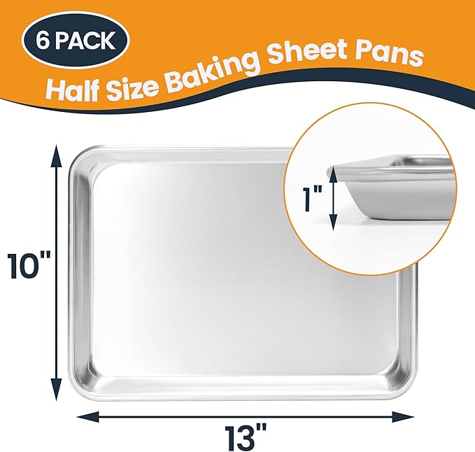 6 Pack Quarter Size Baking Sheet Pan, Aluminum Commercial Cookie Sheet Pan, Durable & Anti-Stick