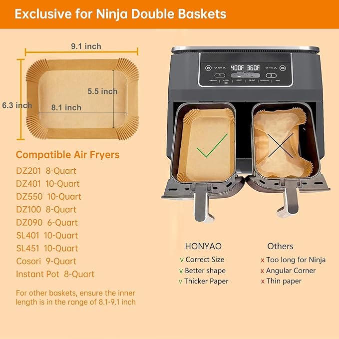 Air Fryer Paper Liners for Dual Zone Airfryer, 8.1x5.5 inch Rectangle Disposable Parchment Inserts