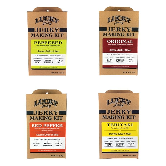 Lucky Jerky DIY Jerky Seasoning and Cure Kit 4 Pack - Original, Red Pepper, Teriyaki, Peppered