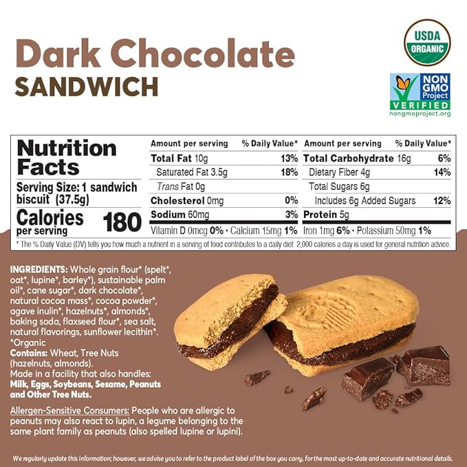 Olyra Dark Chocolate Sandwich Breakfast Biscuits, Healthy Snacks for Kids and Adults, Low Sugar