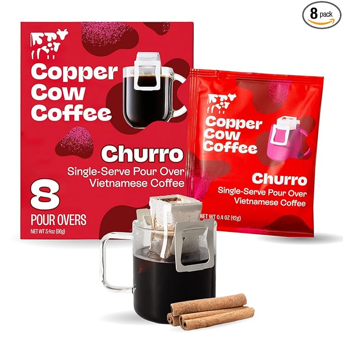 Copper Cow Premium Pour Over Single-Serve Vietnamese Coffee | Churro | Dark Roast | Flavored with