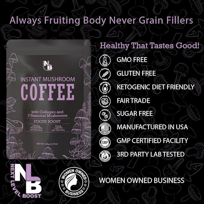Focus Boost Organic mushroom Instant Coffee - 10 x 9g Packets - Healthy Coffee alternative and