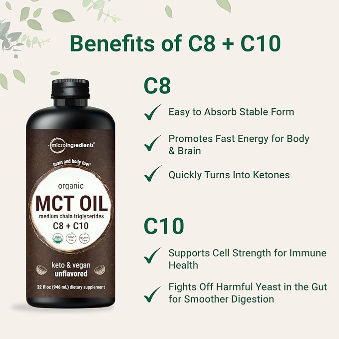 MCT Oil Organic, 32 fl oz |100% Virgin Coconut with C8 + C10 Fatty Acids | Natural Fuel for Brain