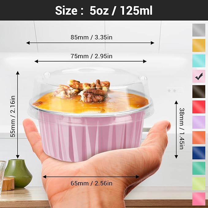 EUSOAR Baking Cups with Lids, Pink 25Packs 5oz Disposable Aluminum Foil Mini Muffin Liners, Dessert