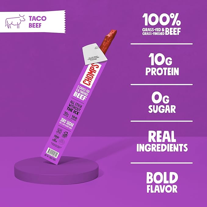 Chomps Grass-Fed and Finished Taco Beef Jerky Snack Sticks 10-Pack - Keto, Paleo, Whole30, 10g Lean
