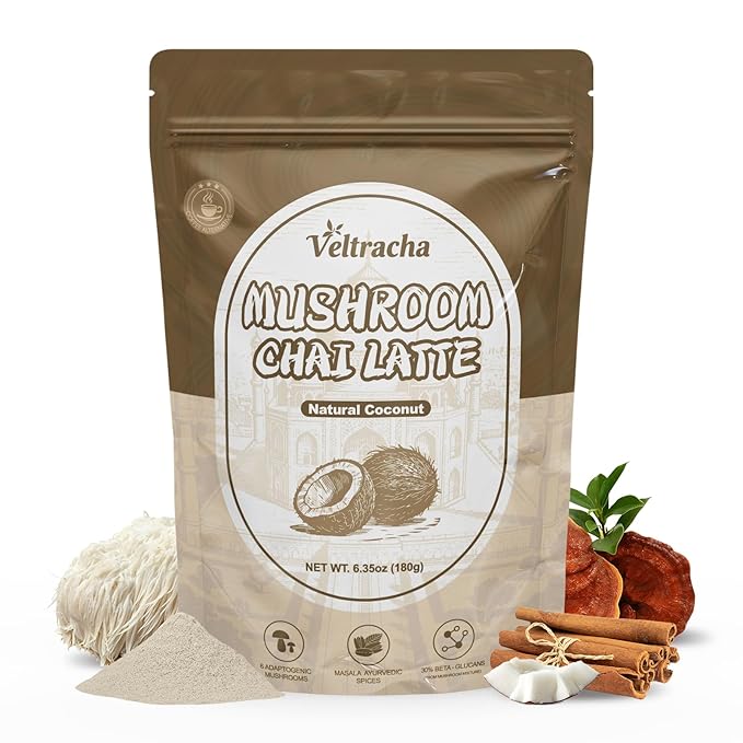 Veltracha Mushroom Chai Tea, Instant Chai Tea Powder with 6 Adaptogenic Mushrooms, Spiced Chai