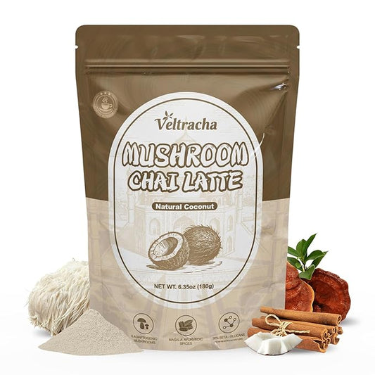 Veltracha Mushroom Chai Tea, Instant Chai Tea Powder with 6 Adaptogenic Mushrooms, Spiced Chai