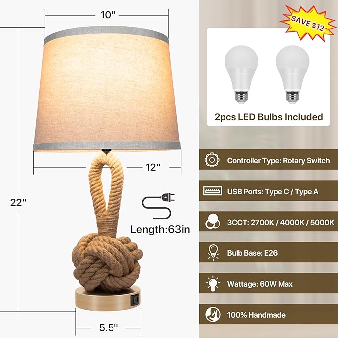 22" Rope Lamps for Night Stands, Bedside Lamps Set of 2, 3-Color Temperatures Boho Lamp with Rotary