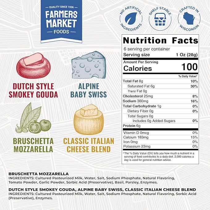 Farmers Market, Gluten Free, Keto, Paleo, Low Sodium, Zero Sugar, Wisconsin Cheese Gift Sets, 6oz 4
