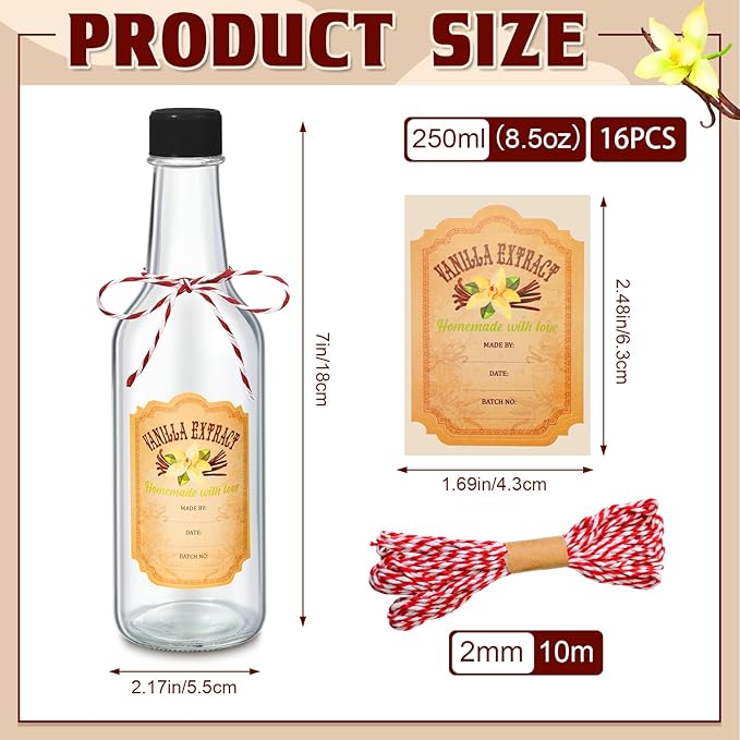 Tioncy 16 Pcs Vanilla Extract Bottles for Homemade Vanilla Jar Glass Bottle with Cap, Shrink Band