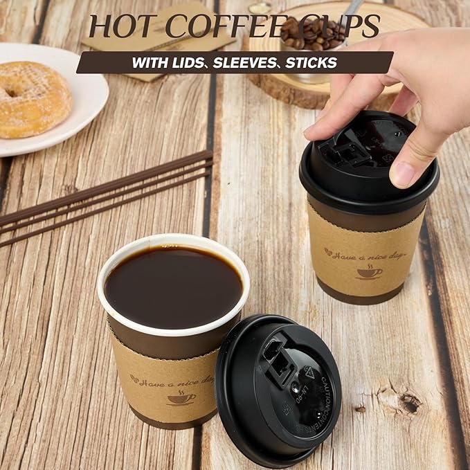 LITOPAK 100 Pack 10 oz Paper Coffee Cups with Lids, Sleeves, and Stirring Sticks for Coffee, Water