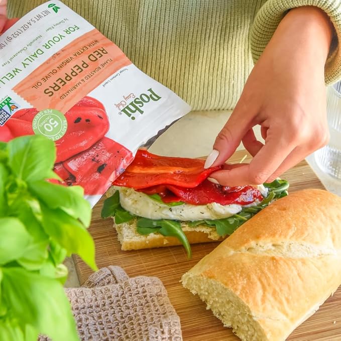 POSHI Flame Roasted Red Peppers in Extra Virgin Olive Oil Natural, Keto, Vegan, Non GMO, Low Carb +