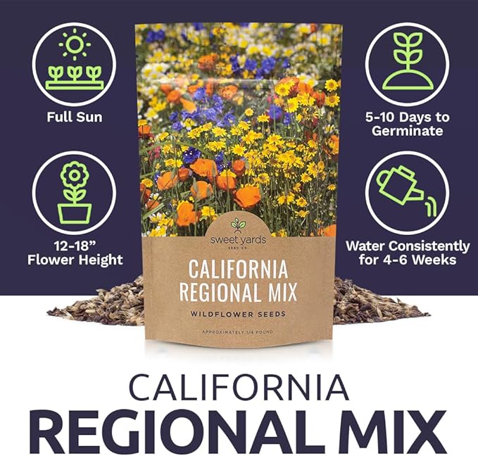 California Wildflower Mixture - Bulk 1/4 Pound Bag - Over 30,000 Native Seeds - Open Pollinated and