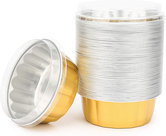 Beasea Disposable Ramekins with Lids, 8 oz 50 Pack Golden Aluminum Foil Cups Disposable Creme