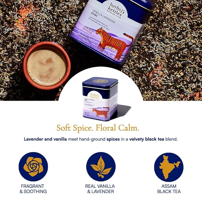 Herbs & Kettles Vanilla Lavender Chai | Assam Black Tea with Real Vanilla Bean, Lavender Flowers