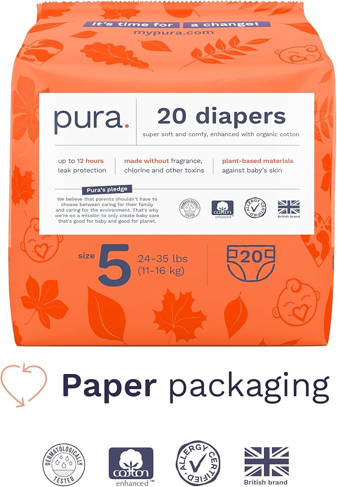 Pura Size 5 Eco-Friendly Diapers (24-35lbs) Totally Chlorine Free (TCF) Hypoallergenic, Soft