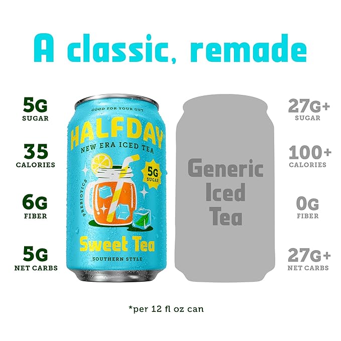 HALFDAY Prebiotic Sweet Tea Iced Tea Cans, Supports Digestive & Gut Health, 6g Plant Fiber &