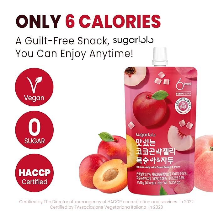 Sugarlolo Konjac Sweet Coco Peach & Plum Jelly Snack - Vegan Jello with Zero Sugar | Only 6