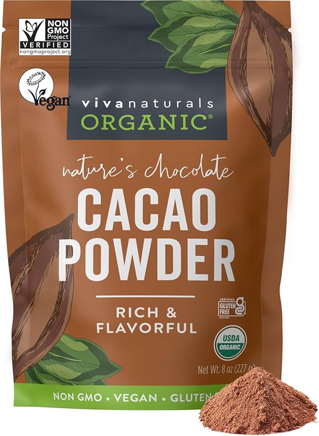Viva Naturals Organic Cacao Powder, 8 oz - Unsweetened Cocoa Powder With Rich Dark Chocolate