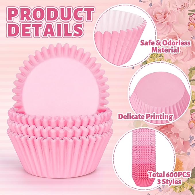 Whaline 600Pcs Pink Cupcake Liners Pink Cupcake Wrappers Disposable Paper Baking Cups 3 Styles