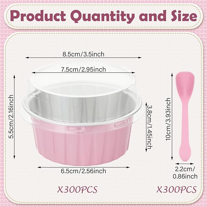 Hushee 600 Pcs Aluminum Foil Baking Cups with Lids and Spoons 5oz Disposable Ramekins Dessert