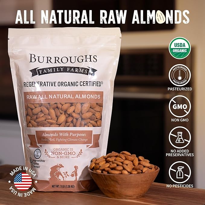 Burroughs Family Farms 3 lb USDA Organic Raw Almonds – First Regenerative Organic Certified Farm