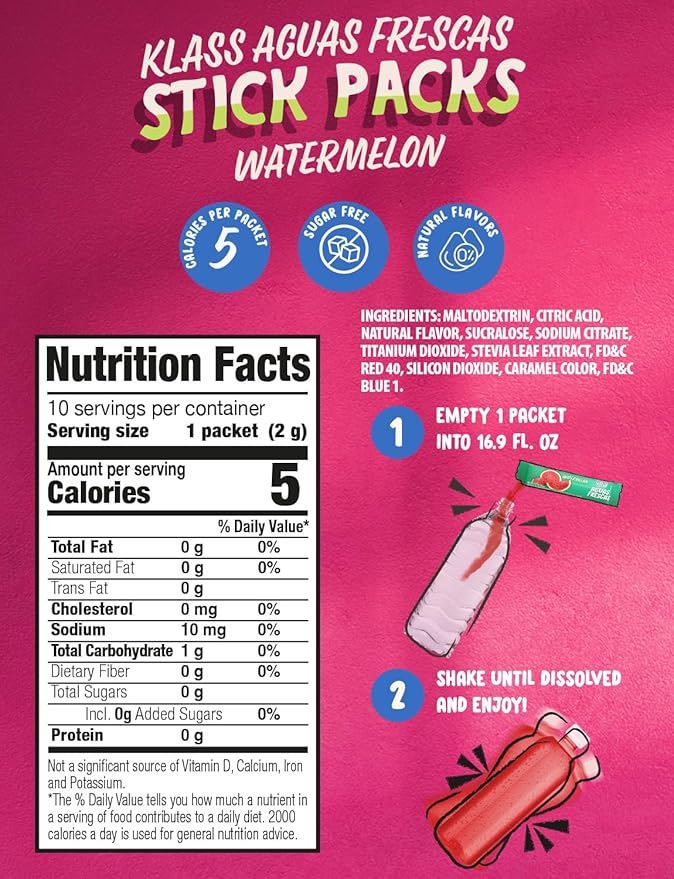 Klass Aguas Frescas | Drink Mix Packets | Watermelon Flavored | Sugar Free On-The-Go Packets, Low