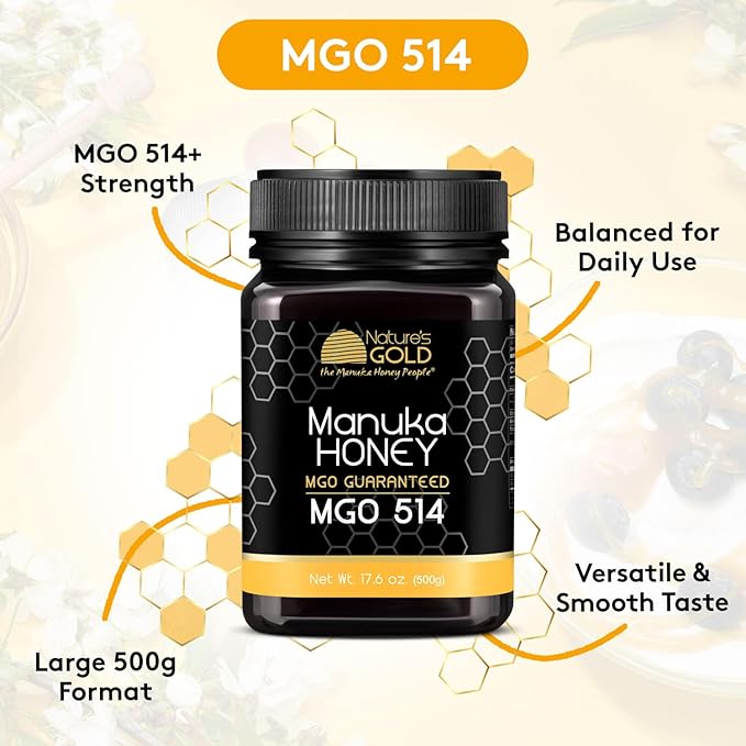 Nature’s Gold Raw Manuka Honey, Certified MGO 514+ | Authentic MGO, Australian Honey, Non-GMO, 100%