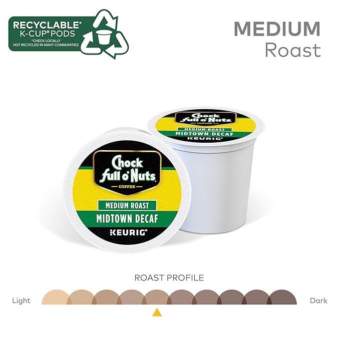 Chock full o’Nuts Midtown Decaf Keurig K-Cup Pods for Keurig Brewers – Premium Arabica, Medium
