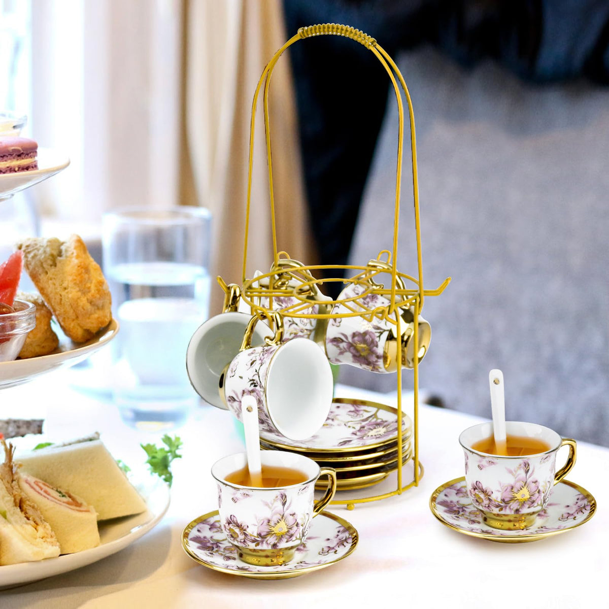 Hebaogugu 20 Pcs Porcelain Tea Set with Metal Holder, European Ceramic Tea Set for Adults, Adult