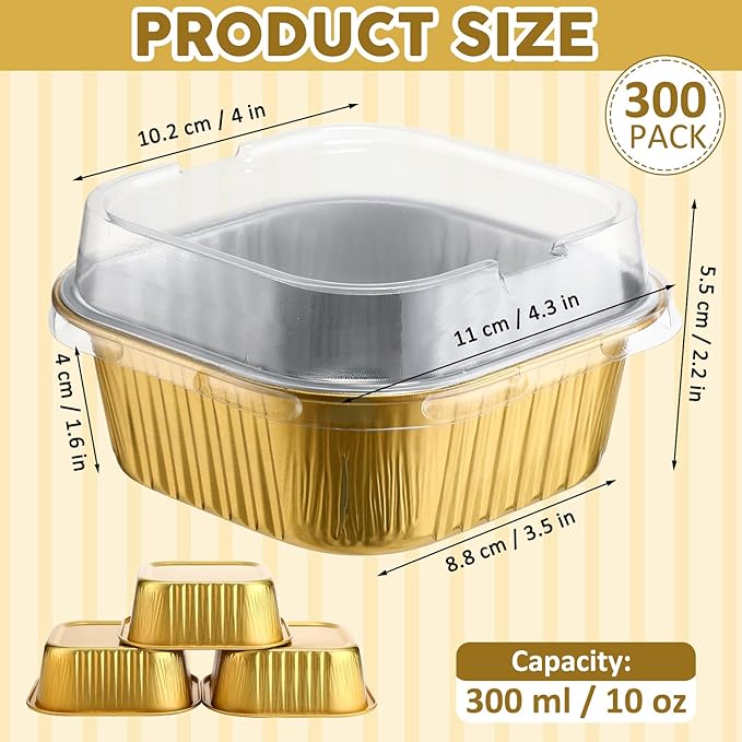 Aoriher 300 Pieces 10 oz Mini Cake Pans with Lids, Aluminum Foil Baking Cups, Square Disposable
