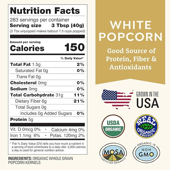 Organic White Popcorn Kernels Unpopped 25 lb Bulk - Healthy, Non-GMO, Gluten-Free, Pesticide-Free