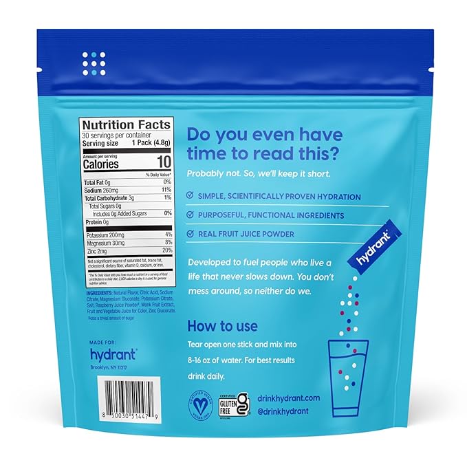 Hydrant Hydrate No Added Sugar, Individual Hydration Electrolyte Powder Stick Packets with Zero