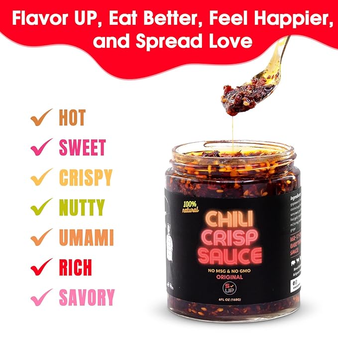SAUCE UP 100% Natural Artisan Chili-Crisp 6oz-Premium 13 Ingredients, Vegan, Keto, Zero Msg, Flavor