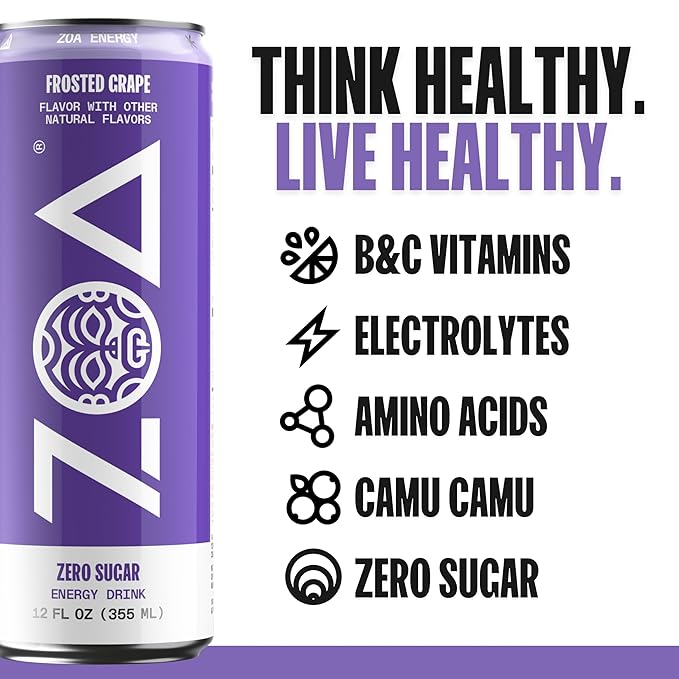 ZOA Zero Sugar Energy Drinks, Frosted Grape - Sugar Free with Electrolytes, Healthy Vitamin C