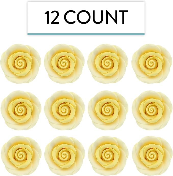 Global Sugar Art Premium Edible Roses, Yellow, Unwired, Medium 1.5 inches, 12 Count by Chef Alan
