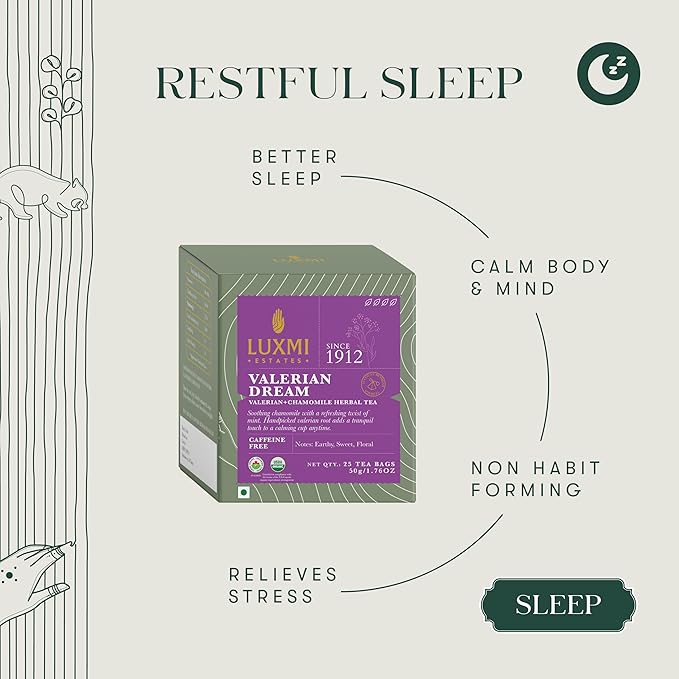 Luxmi Estates Valerian Dream Organic Valerian Root Tea (25 Tea Bags) Caffeine Free Tea Bags For